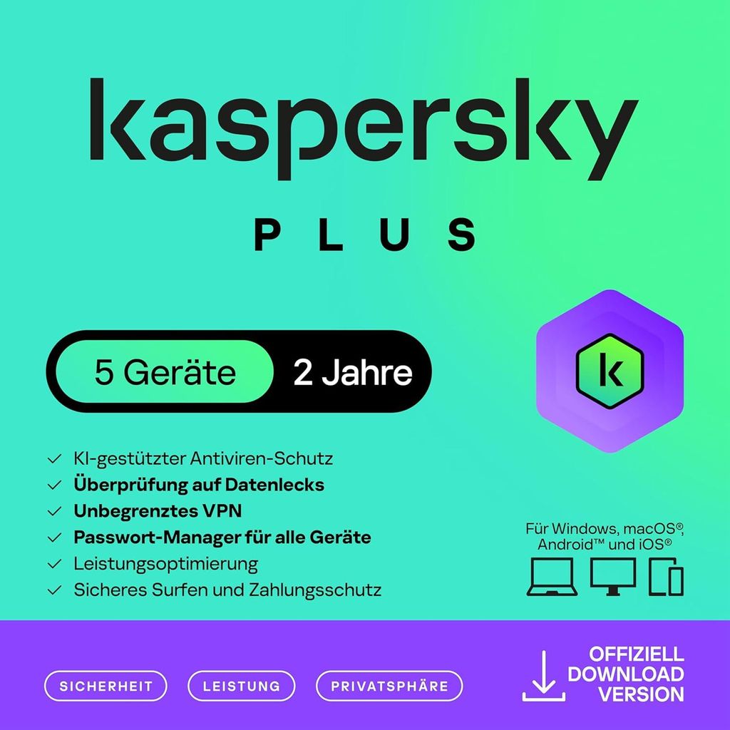 Kaspersky Plus Internet Security 2026 | 5-Devices 2 Jahre | VPN | Passwort Manager