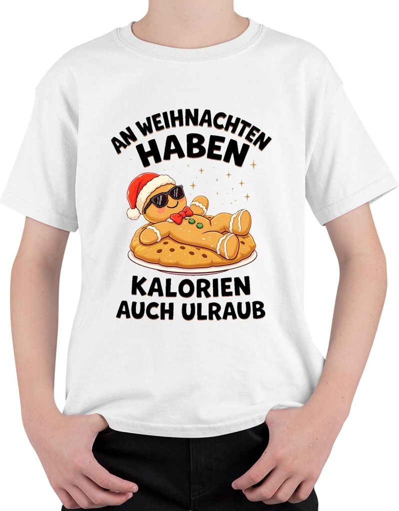 An Weihnachten haben Kalorien auch Urlaub Lebkuchenmann Geschenk Uni Kinder T-Shirt, Weiß, 116