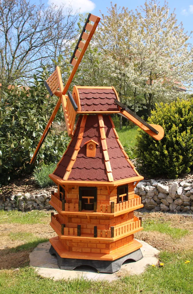 Grand moulin de jardin décoratif solaire 150cm en bois rouge véritable