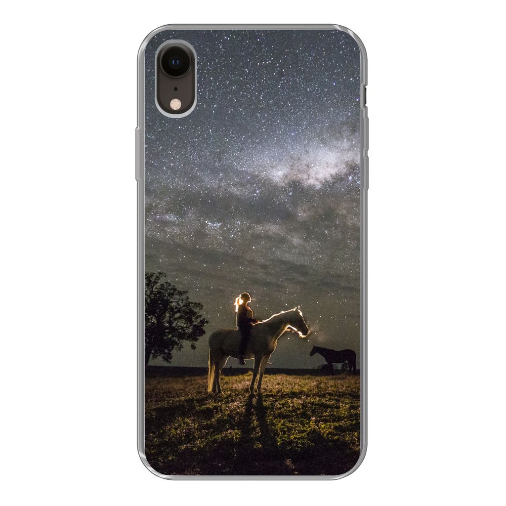 MuchoWow Handyhülle Schutzhülle Hülle für iPhone XR Pferd - Frau - Sternenhimmel Silikon Softcase Handy Hülle - Schutzdeckel