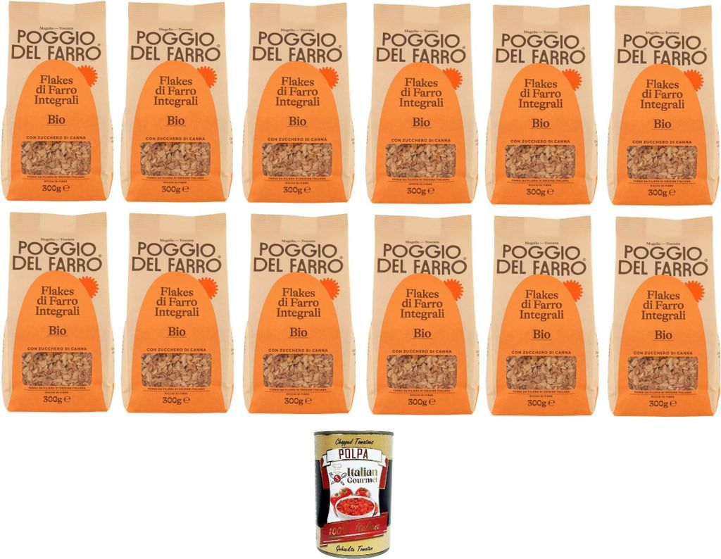 Poggio del Farro- Flakes di Farro Integrale Vollkorn-Dinkelflocken 12x300gr + Italian Gourmet polpa 400g