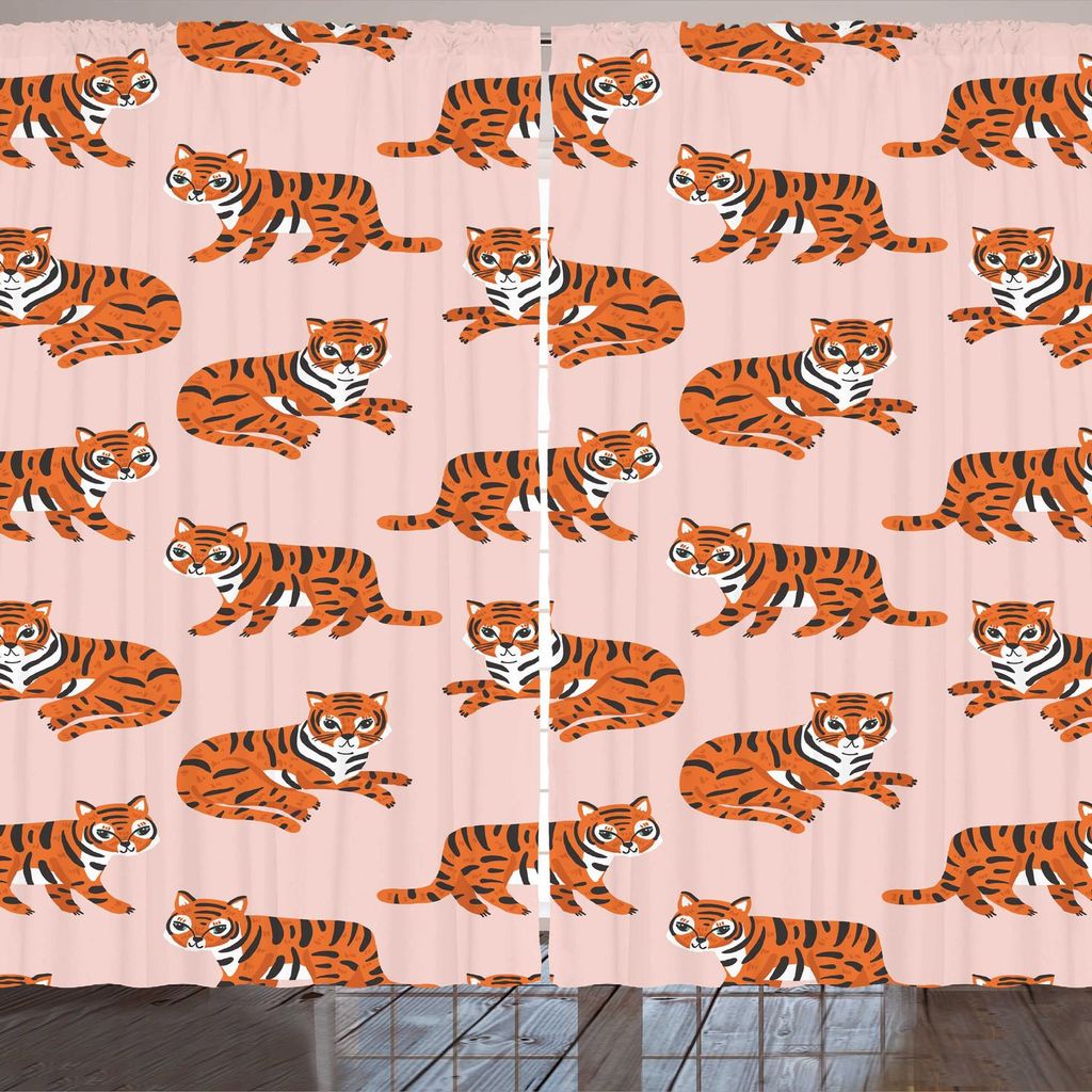 ARANDE Safari Gardine, Childish Spaß-Muster von Tiger mit Streifen Funky Tier-Wesen, 280 x 175 cm, Blush orange und Dunkelgrau