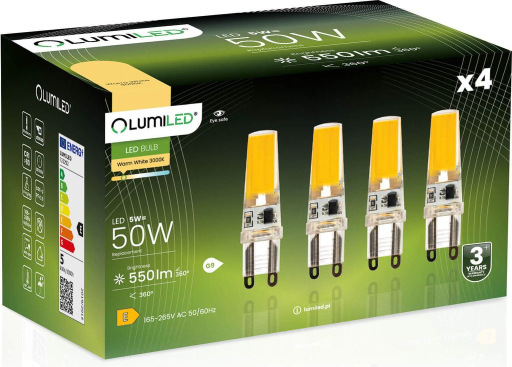 LUMILED LED Lampen G9 4er Set LEDs 5W = 50W 3000K Warmweiß Produktbild 