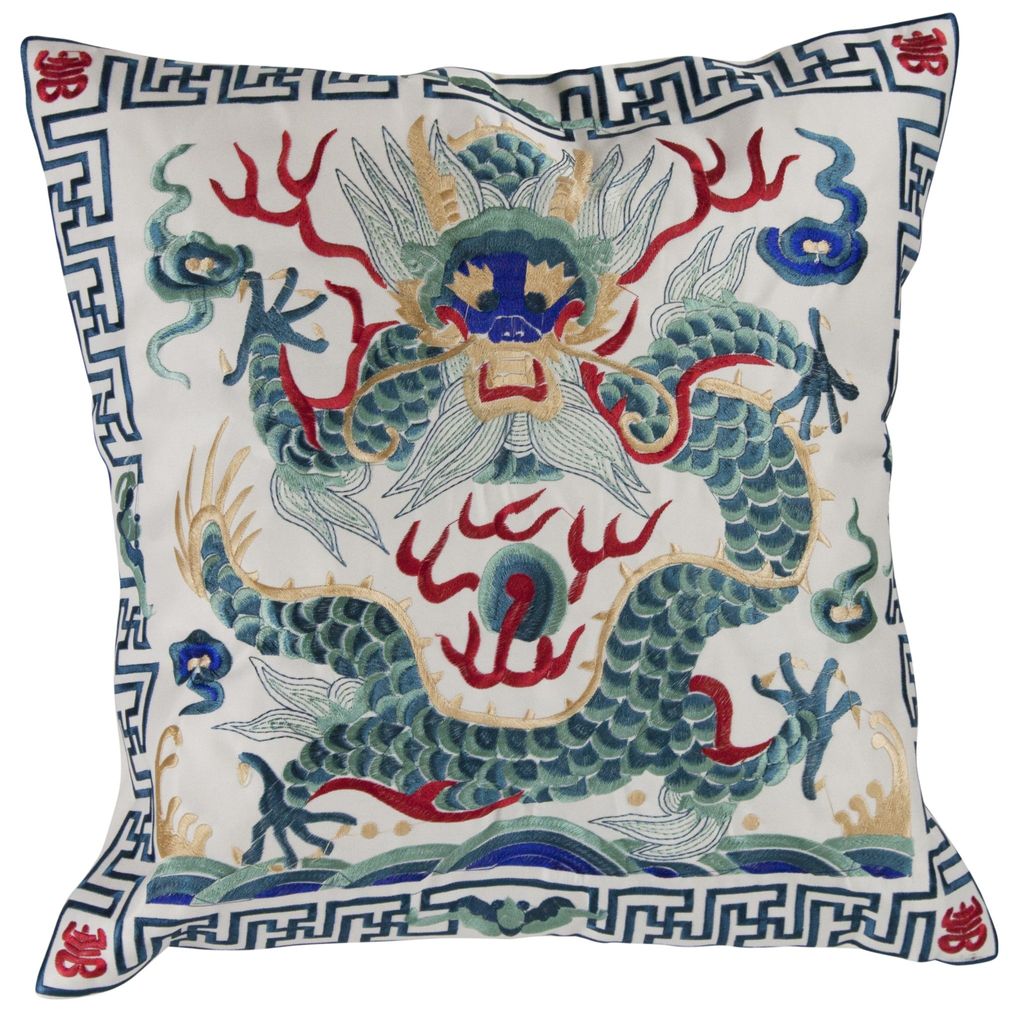 Fine Asianliving Chinesischer Kissenbezug Handbestickt Weißer Drache 45x45cm Ohne Füllung Baumwolle Japanisch Orientalisch Asiatischer Stil
