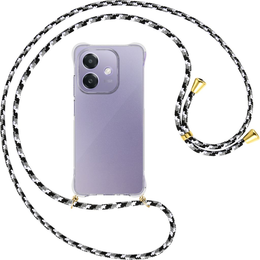 Handykette Backcover-Schutzhülle mit Band (Metall goldfarben) für OPPO A3X 5G - schwarz/grau/weiß