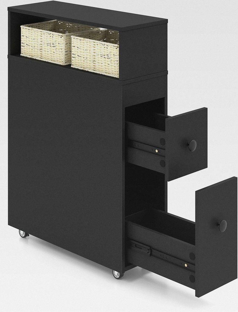 Nischenregal, Nischenschrank mit Rollen, 2 Schubladen & 2 Weidenkörben, Nischenwagen Badezimmerschrank schmal, Toilettenschrank freistehend, 50x19...