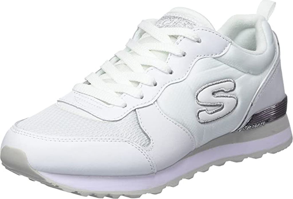 A white Skechers sneaker is shown from a side angle against a white background.