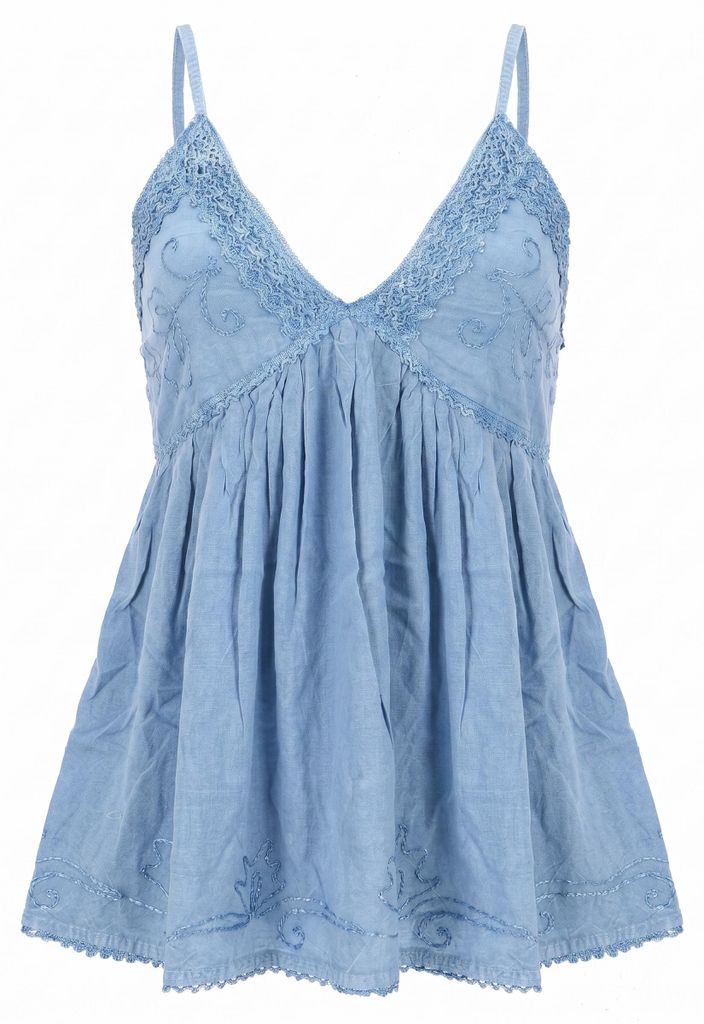 Besticktes Top Boho Chic, Lockeres Sommertop - Hellblau, Damen, Viskose, Tops & T-Shirts