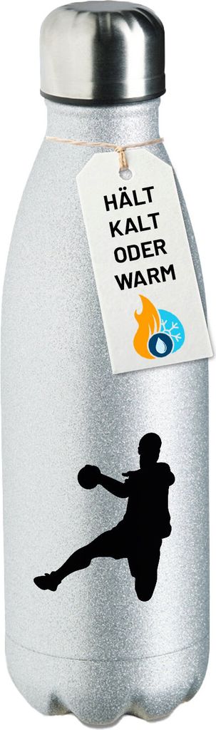 Huuraa Trinkflasche Handball Silhouette 500ml Silver Edelstahl Wasserflasche Trinkflasche Geschenkidee