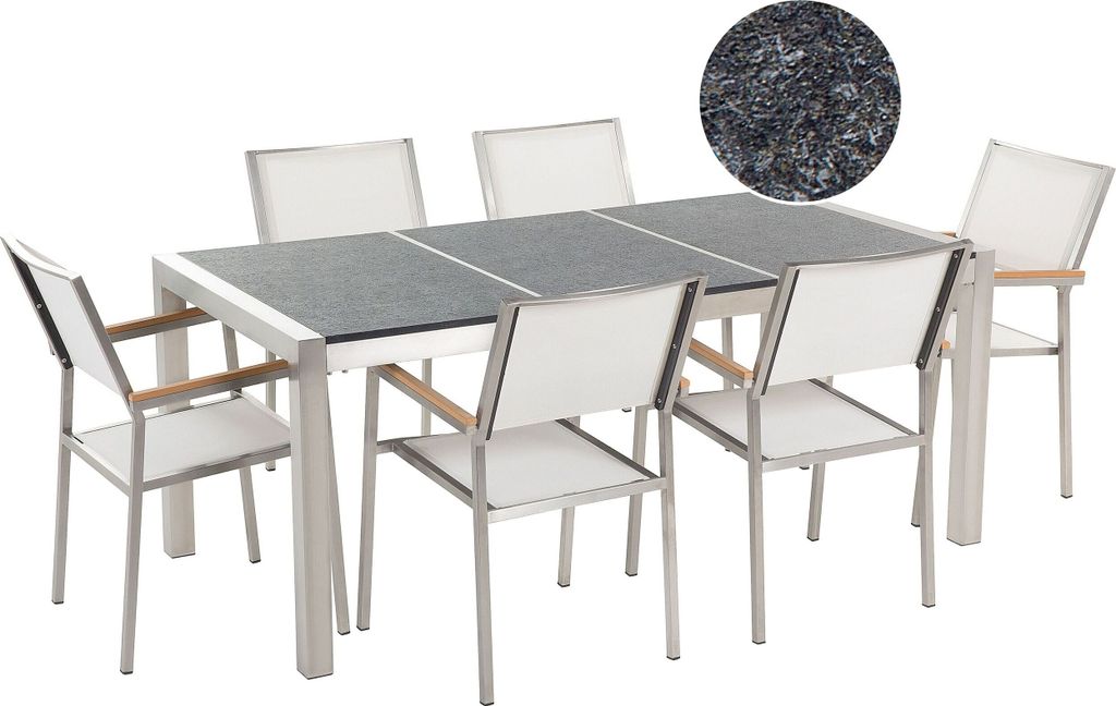 BELIANI Gartenmöbel Set Schwarz Weiß Granit Edelstahl Tisch 180 cm Geflammt 6 Stühle Terrasse Outdoor Modern
