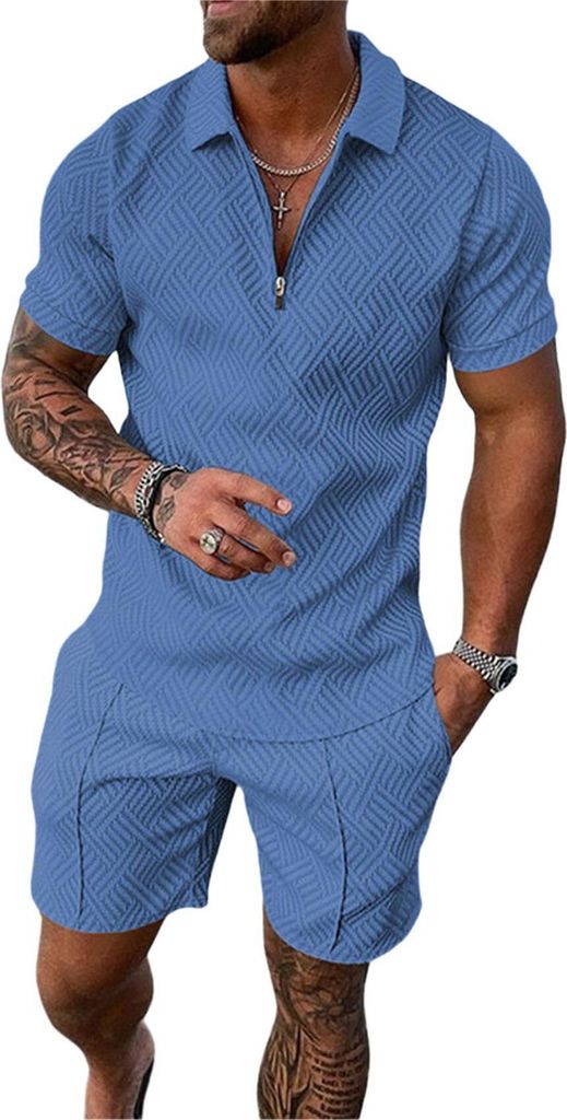 ASKSA Herren Sommer Trainingsanzug Polo Hemd Set Kurzarm T-Shirts und Shorts Outfit Freizeitanzug, Hellblau, Groesse: S