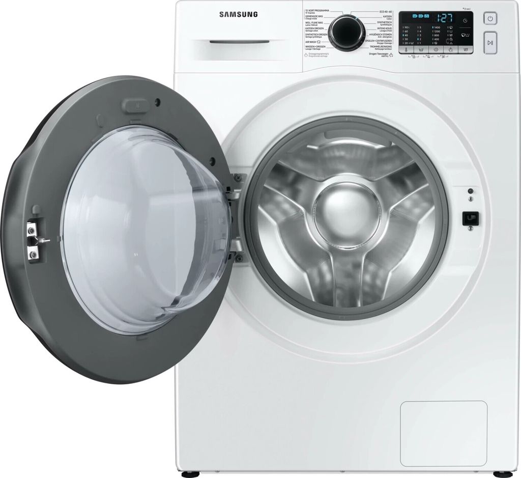 A white Samsung washing machine with the door open, showing the drum.