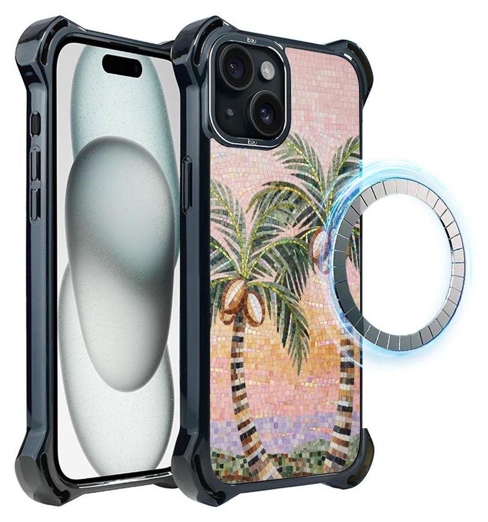 Schutzhülle für das iPhone 15 Plus, MagSafe-kompatibel, verstärkte Ecken, schwarz, Palmen, Sizilien, Mosaik