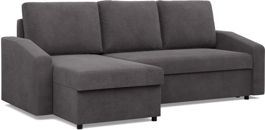 A dark gray sectional sofa with a chaise lounge.