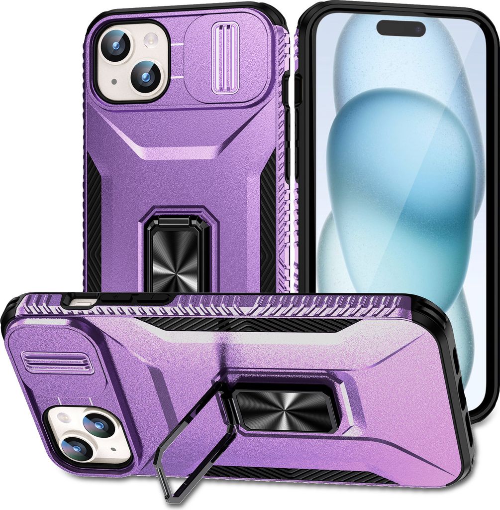 Handyhülle für iPhone 15 Plus Dual Layer Hülle mit Schiebe Kamera Schutz und Ringhalter Ständer Lila