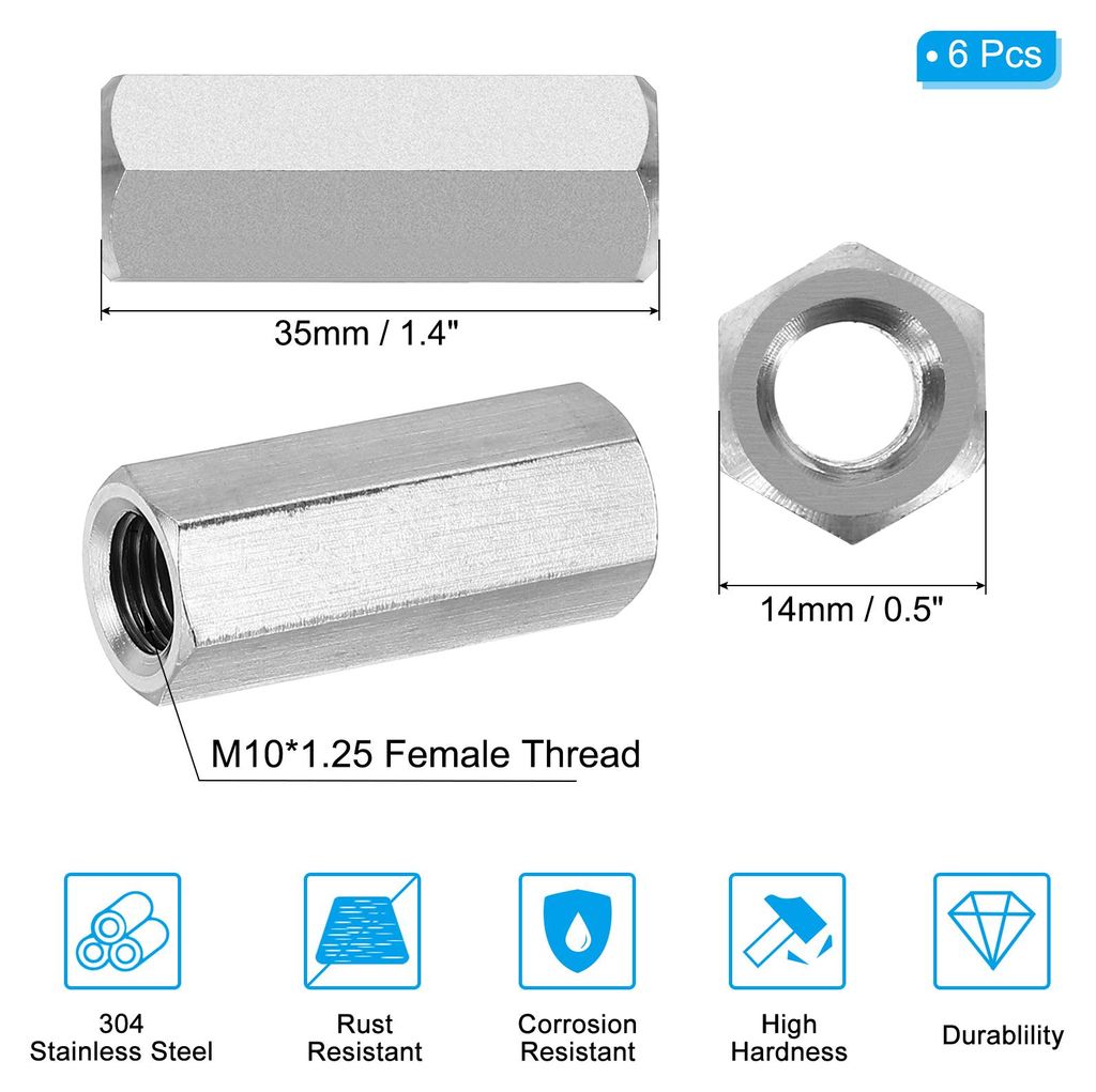 M10 x 35 mm 304 Edelstahl Sechskant-Kupplungsmuttern, 6 Stš¹ck Feingewinde Sechskant Hš¹lsenmutter Sechskant Verbindungsmutter Gewindehš¹lse ...