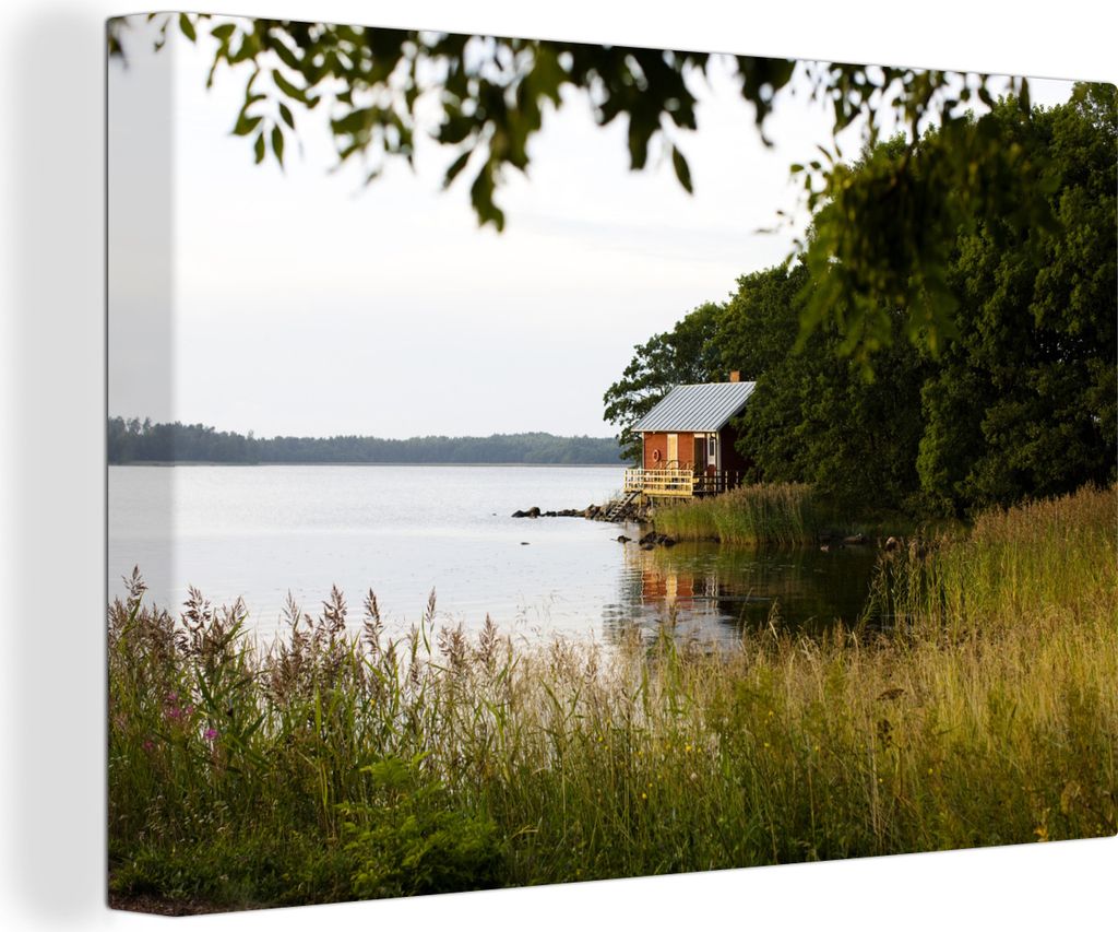 OneMillionCanvasses - Leinwandbilder - 140x90 cm, Kleines Haus an einem See in Finnland, Wandbilder Kunstdruck Wanddekoration