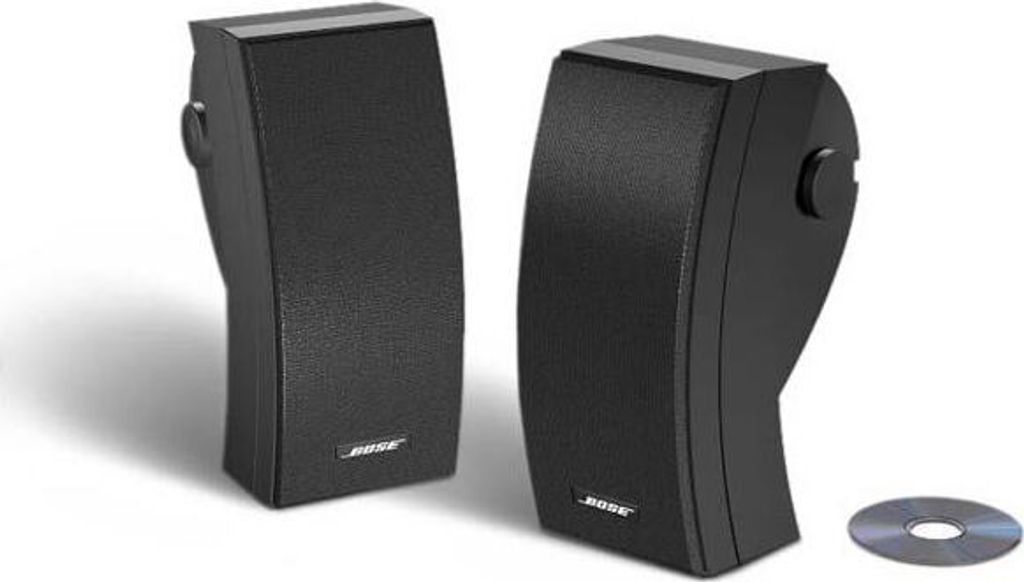 Two black Bose speakers are shown on a white background, with a CD in the foreground.