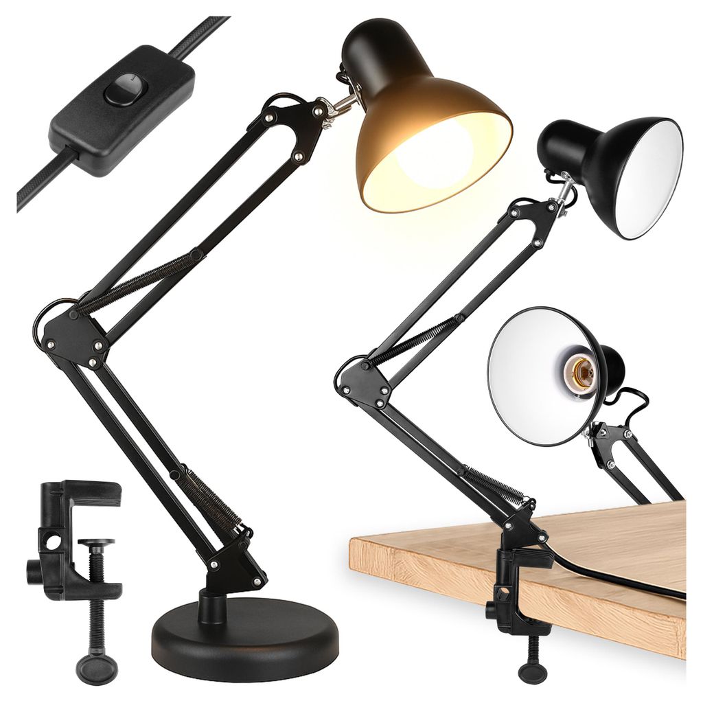 MasterLED Schreibtischlampe E27 Schwarz, Gelenkarm Verstellbar, mit Klemme & Standfuß