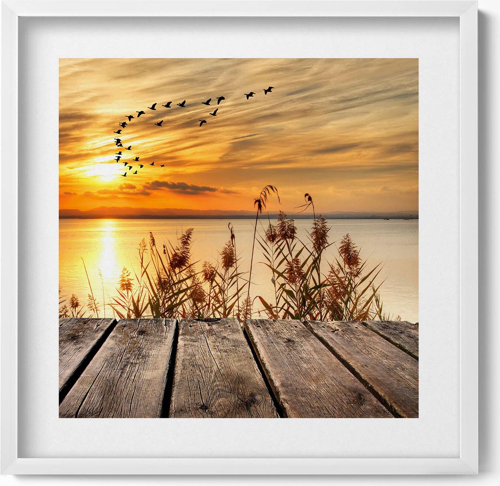 Pier bei Sonnenuntergang– Wandbild mit Rahmen – Gerahmtes Bild – Wanddekoration – 50x50 cm – Weiß Rahmen
