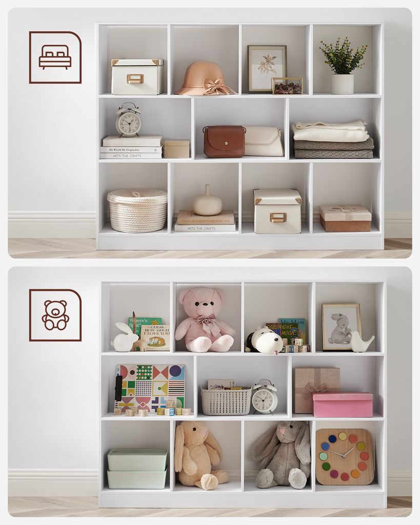 Two images showing a white modular shelf unit filled with various home decor and children's items.