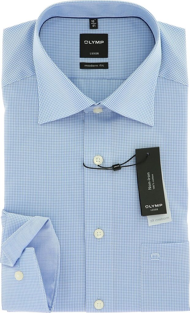 OLYMP Luxor Modern Fit 39 M Langarm Karo hellblau