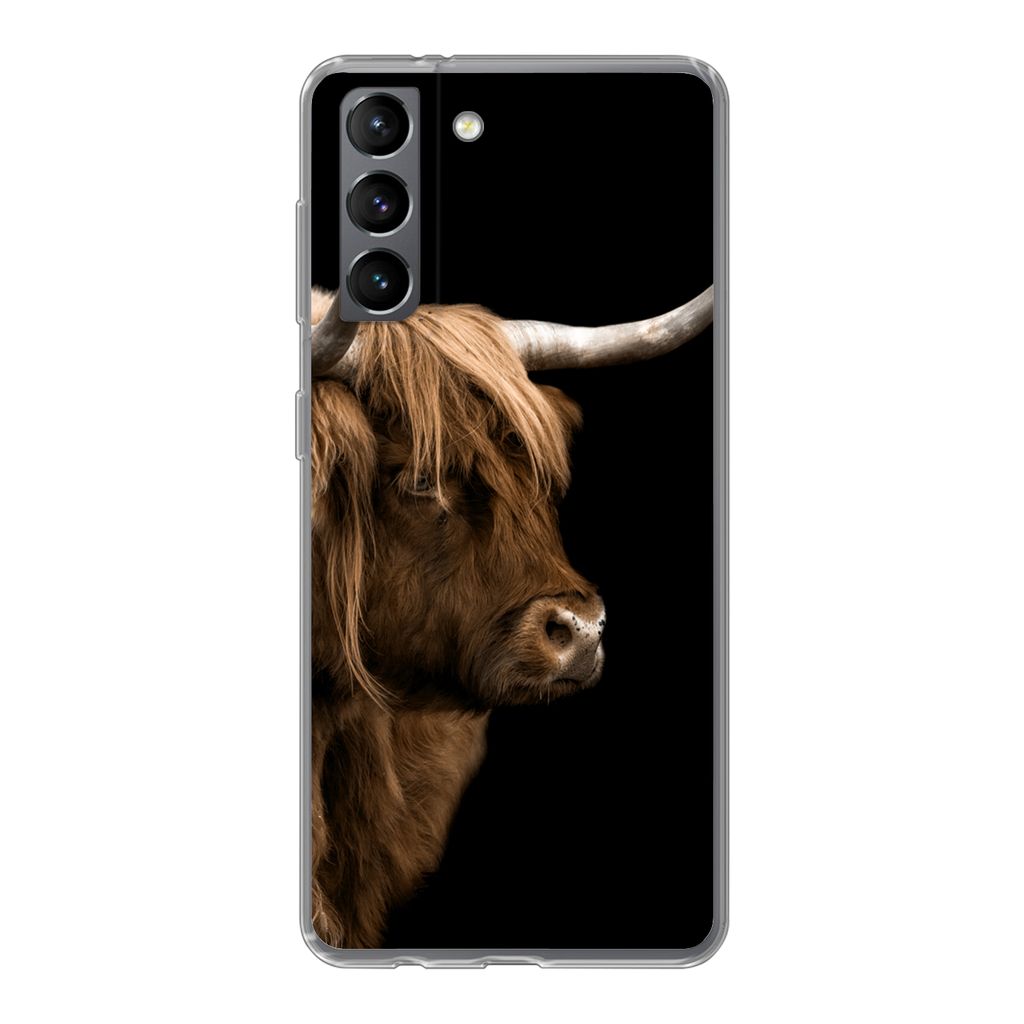 MuchoWow Handyhülle Schutzhülle Hülle für Samsung Galaxy S21 Schottischer Highlander - Kuh - Schwarz Silikon Softcase Handy Hülle - Softcase