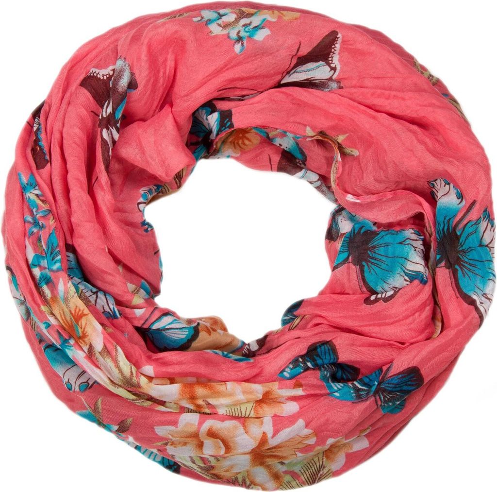styleBREAKER Damen Loop Schlauchschal mit buntem Schmetterling und Blumen Print , Crash and Crinkle Schal, Tuch 01016013