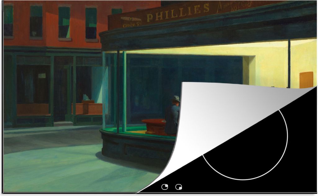 KitchenYeah Herdabdeckplatte Nighthawks - Edward Hopper , 91x52cm, Küche Deko, Glaskeramikkochfeld Herdabdeckung, Abdeckplatte fùr Kochfeld