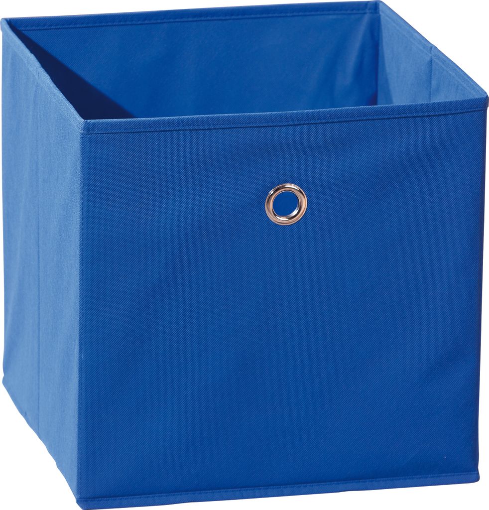A blue fabric storage cube with a metal grommet on the front.