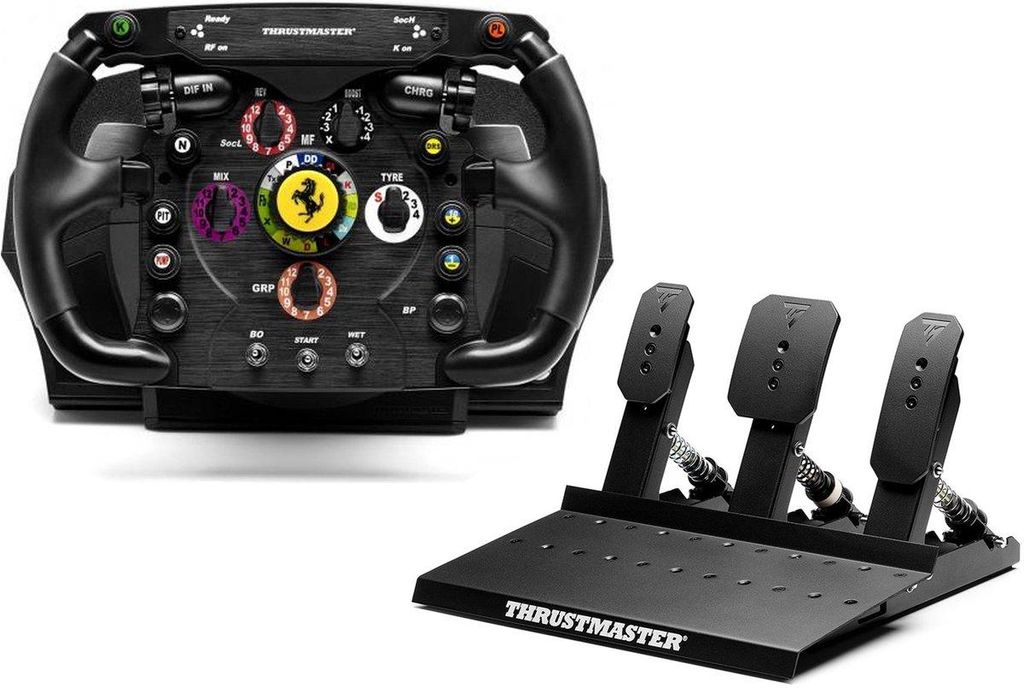 A racing wheel and pedal set for PC and consoles, displayed on a white background.