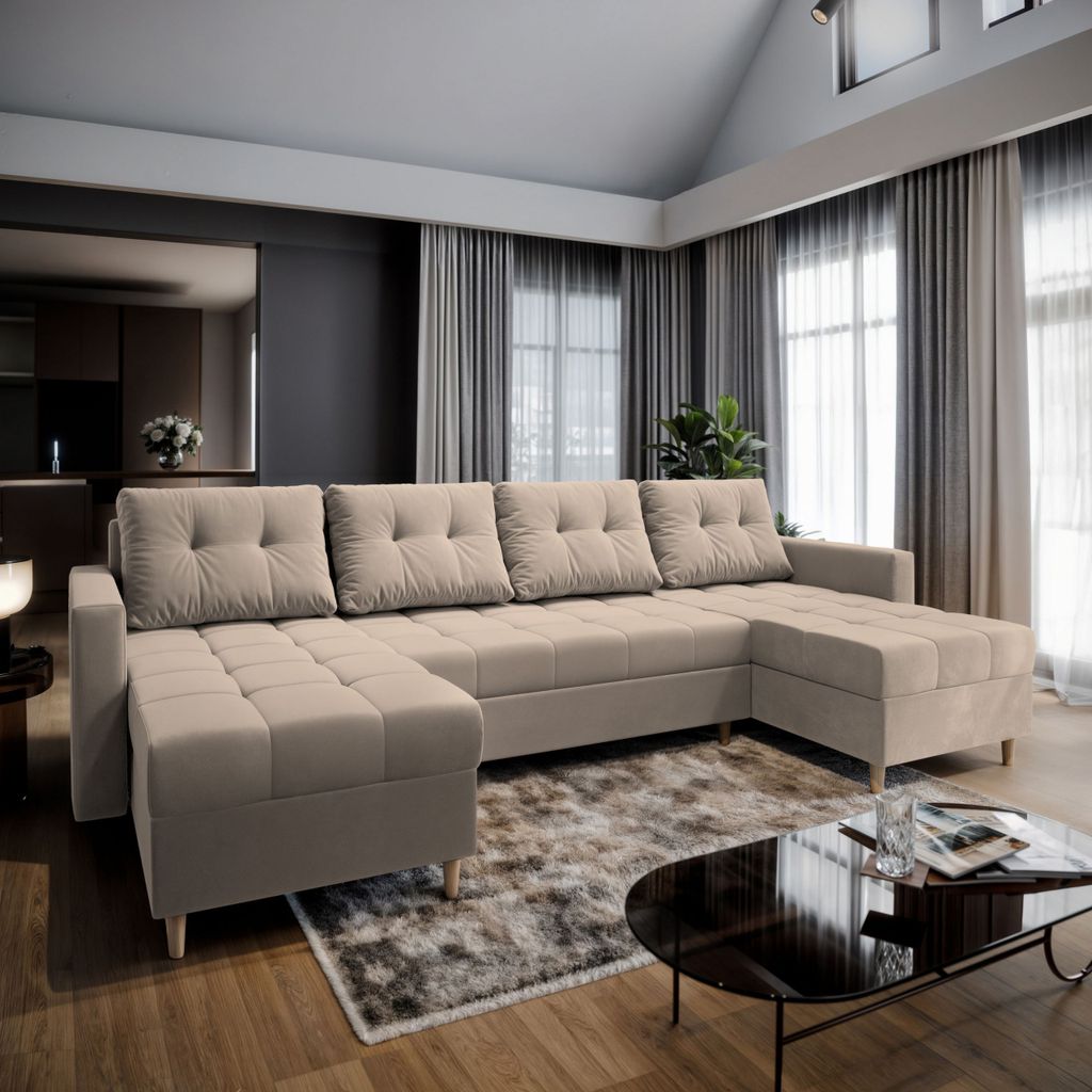 Masseno Ecksofa MILO U mit Schlaffunktion U-Form, Sofa mit Bettkasten, Wohnzimmersofa, Couch, Soffa, Bettsofa, Couchgarnitur- Beige, PAROS 02