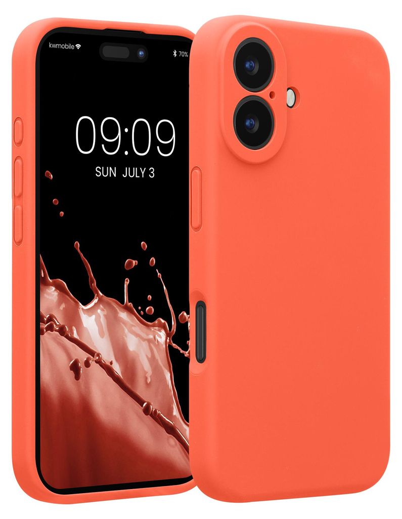 kwmobile Handyhülle für Apple iPhone 16 Hülle - gummierte Handy Silikon Case für iPhone 16 - Schutzhülle Cover - Leuchtende Koralle