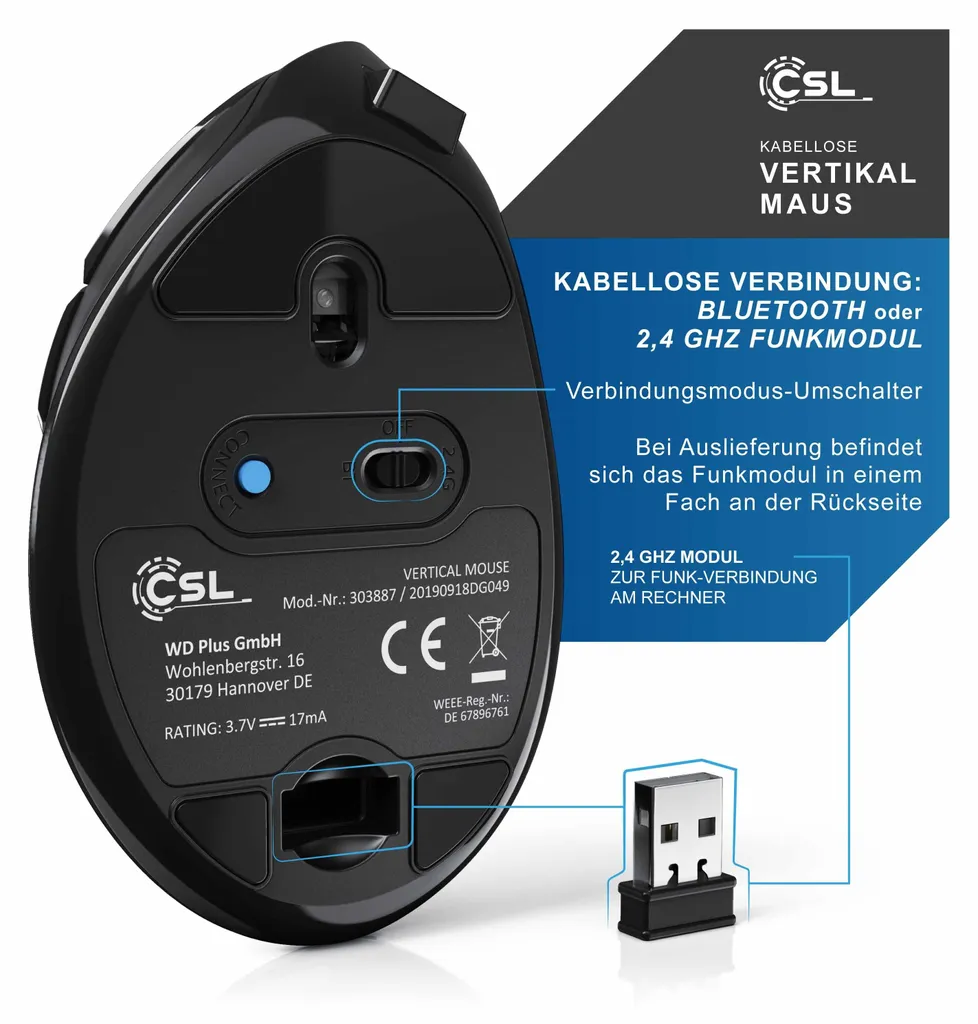 Souris optique verticale CSL avec DPI réglable et Bluetooth - 4