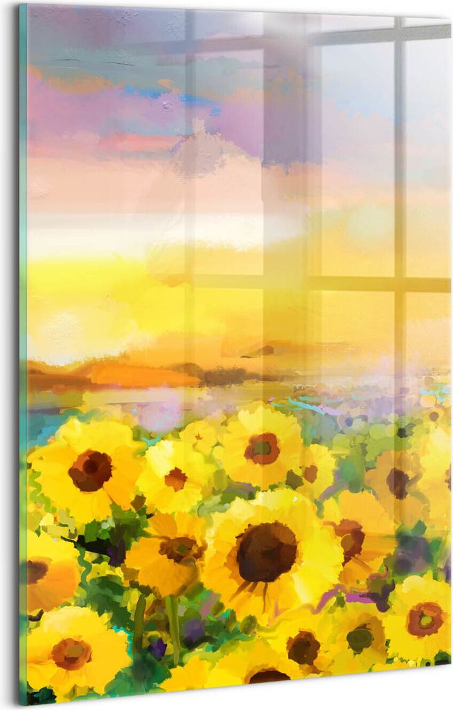 Designer Glasbild - Wandbild - Glas Bild - 20x30 cm - Sonnenblumenfeld Und Sonnenuntergang