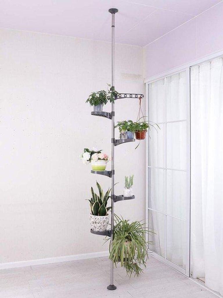Verstelbare Metalen Plantenrek für Wohnzimmer Schlafzimmer Balkon mit 6 Schalen und 1 Hängender Halter in Grau, 230-290cm Höhe