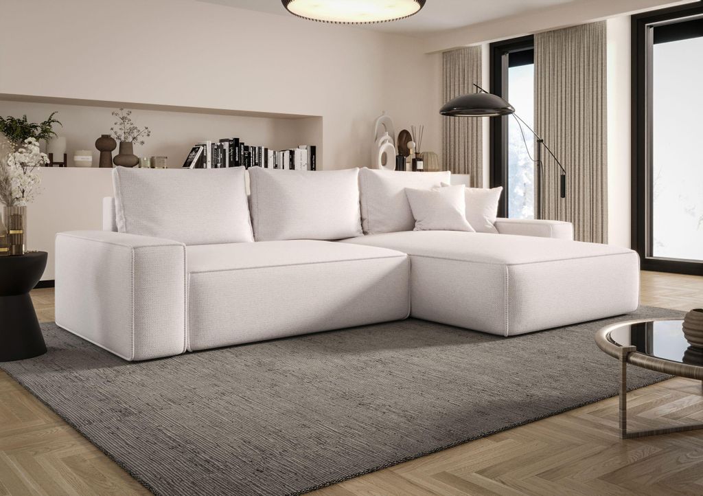 BEDANTE ECKSOFA MONA mit Schlaffunktion ARAGON 01 Weiß Rechts L-Form Sofa mit Stauraum Bettkasten Wohnzimmersofa Couch Sofa Bettsofa Bettkasten Be...