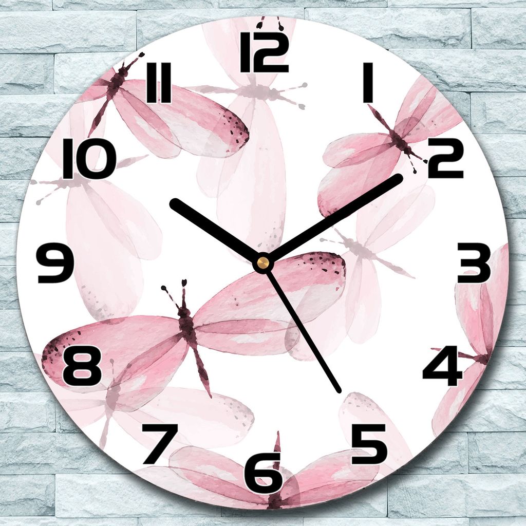 Wanduhr aus Glas Rund fi 30 Schmetterlinge rosa Quarz Deko Schlafzimmer Büro
