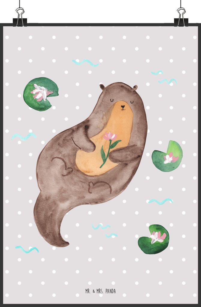 Mr. & Mrs. Panda Bild Otter Seerose DIN A2 - Grau Pastell - Produktbild 
