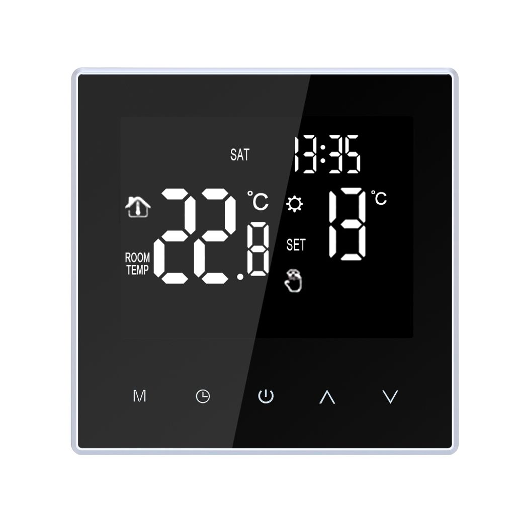 A digital thermostat display with various icons and temperature readings.