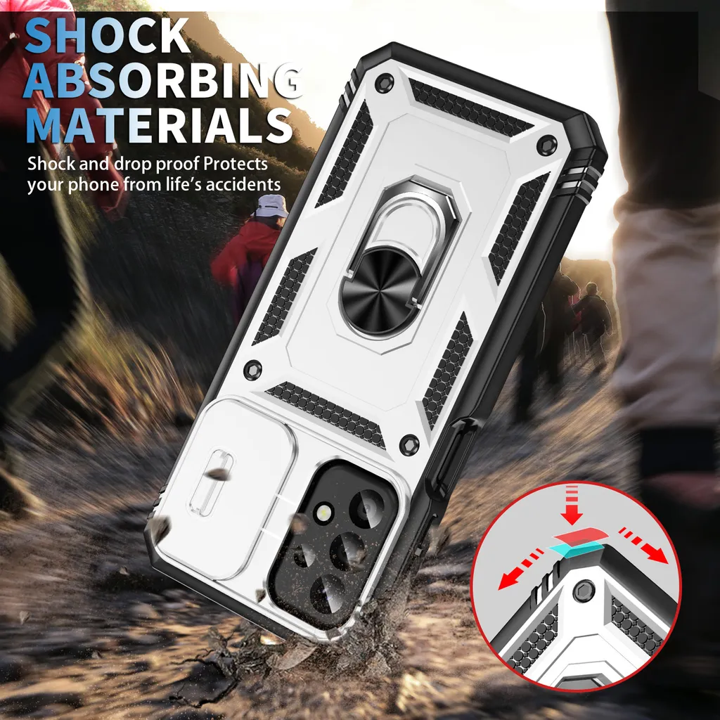 Custodia per Samsung Galaxy A23 5G/4G protezione fotocamera scorrevole, resistente agli urti, con supporto ad anello, supporto e porta carte Bianco - 8