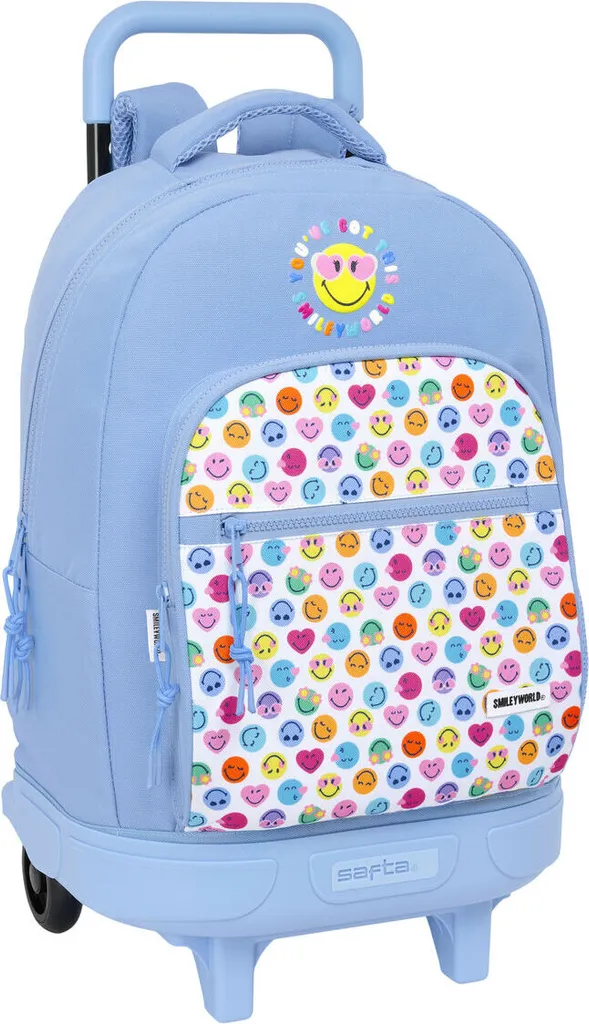 Grand sac à dos d'école Smiley Joyful bleu pour lycéens et collégiens