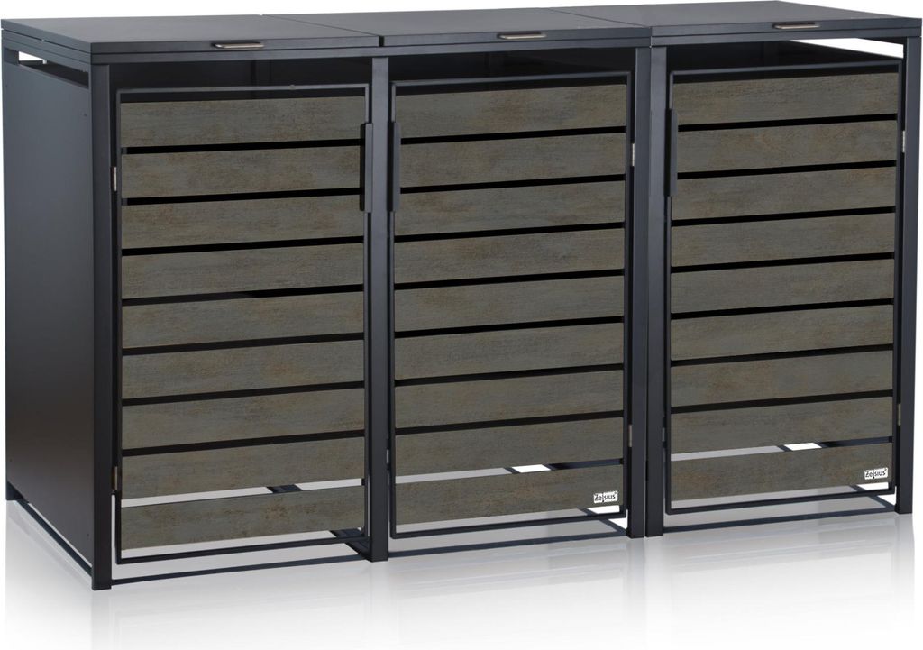 Zelsius Mülltonnenbox-Set für drei Mülltonnen | Anthrazit RAL 7016 | Tür in dunkelgrauer Holzoptik