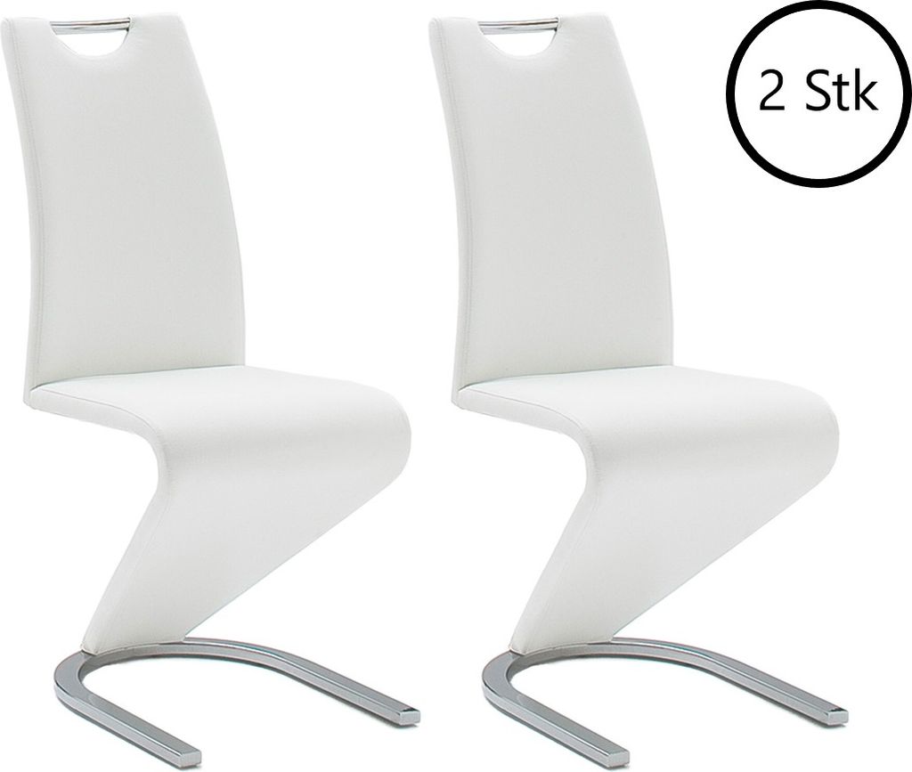 Two white modern dining chairs with silver legs on a white background.