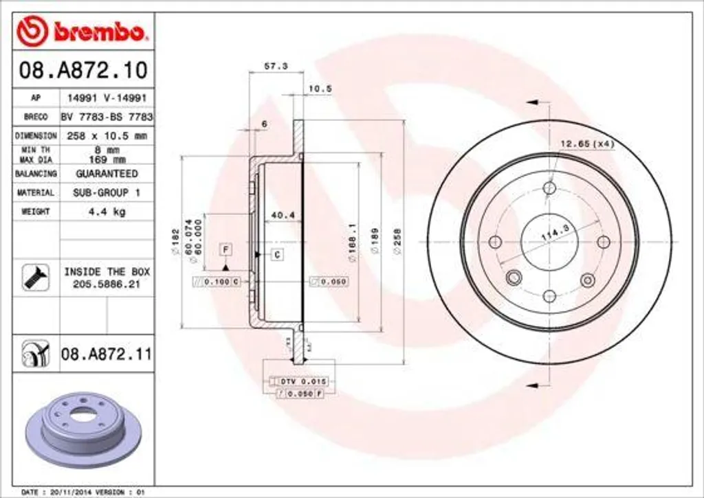 Disque de frein pour Chevrolet Lacetti J200 Brembo 08.A872.11 entretien OE