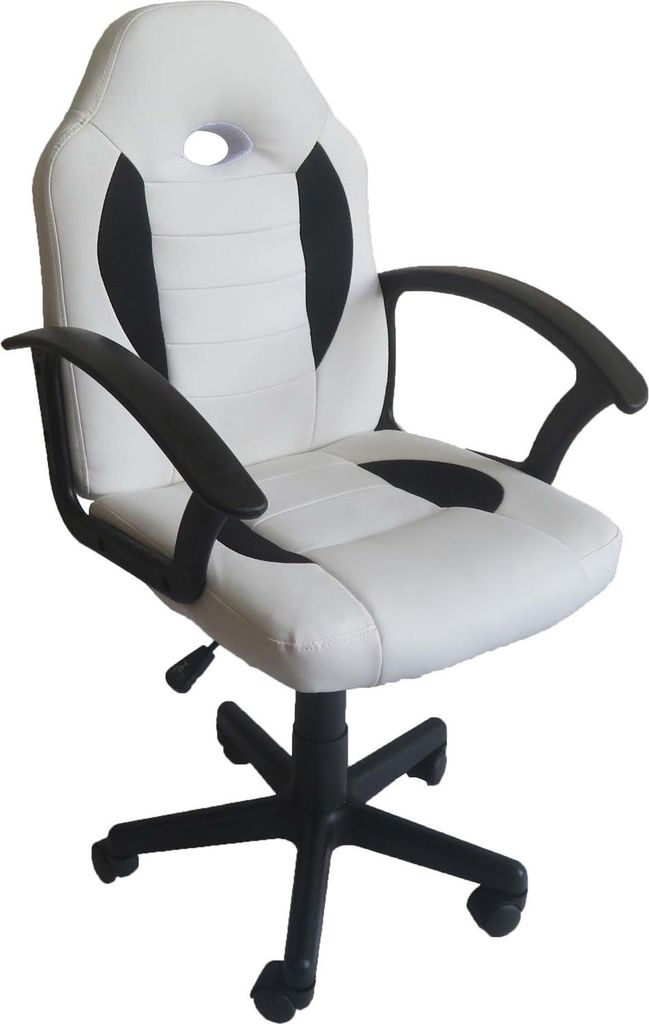 A white and black ergonomic office chair with a white background.