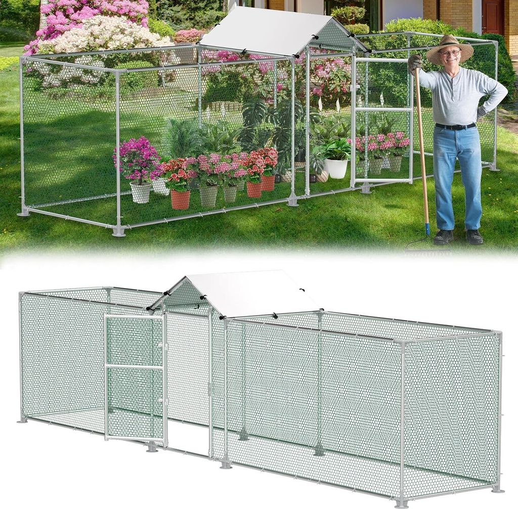 YUENFONG Freilaufgehege 5x1x1.5m Hühnerstall Außengehege mit Schloss, Verzinkter Stahlrahmen, PVC-beschichtetes Schatten Dach für Hühnerkäfig