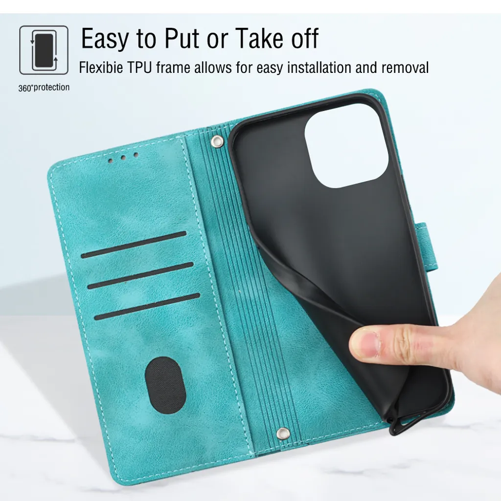Custodia per iPhone 14 Pro in rilievo Custodia a portafoglio in pelle flip con funzione stand verde - 7