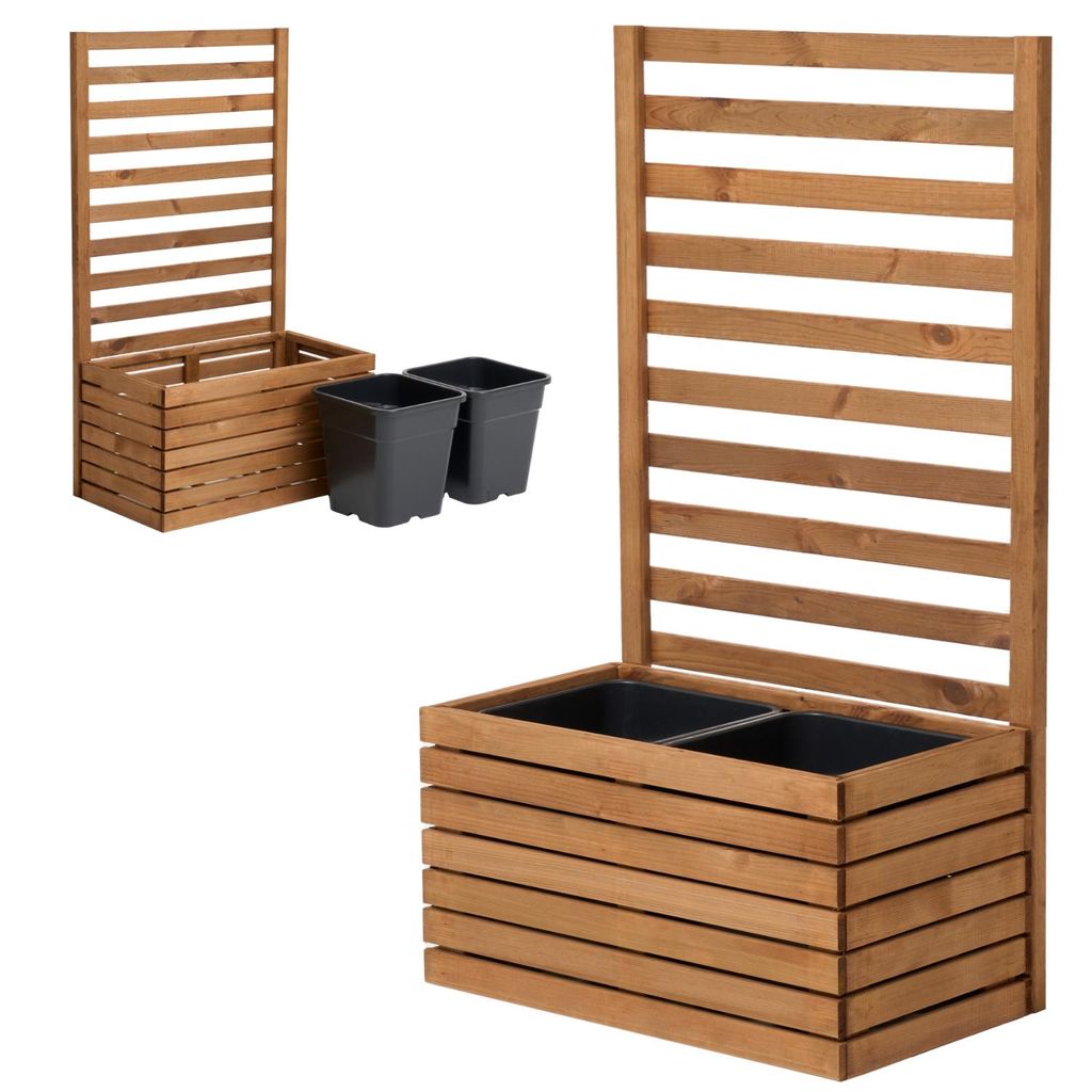Pflanzkübel mit Rankgitter Spalier mit Pflanzkasten Blumenkasten aus Holz Hochbeet mit 2x18L Pflanzeneinsatz (horizontal-braun, 67x36x35 H112)