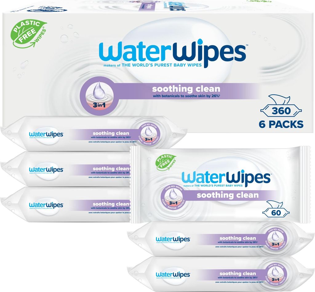 WaterWipes Soothing Clean Baby Wipes, 360 Stück (6 Packungen), 99% ige Tücher auf Wasserbasis mit Botanikextrakt, ohne Duftstoffe, Verpackung kan...